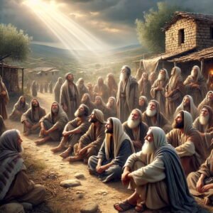 A group of poor but peaceful people in ancient Hebrew clothing stand near a village, bathed in divine light, symbolizing God’s promise.