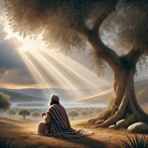 A man in ancient Hebrew clothing kneels in prayer under a tree, with rays of light breaking through the clouds in a peaceful landscape.