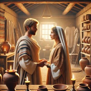 A married couple in an ancient Judean home, holding hands and honoring each other in a peaceful, sacred atmosphere.