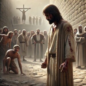 Jesus stands wounded yet dignified after enduring hostility, surrounded by people with mixed emotions in an ancient setting.