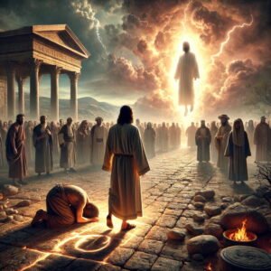 A solemn biblical scene showing a man walking away from a radiant image of Christ, symbolizing the rejection of His sacrifice.