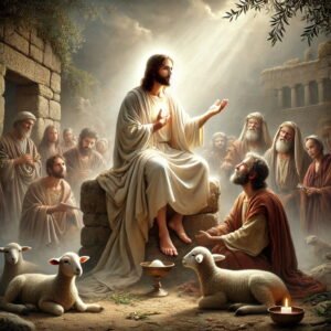 Jesus Christ offers Himself to God in a solemn, ancient setting, surrounded by divine light and symbols of innocence like lambs.