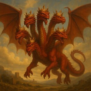 Egy nagy veres sárkány hét fejjel, tíz szarvval és hét koronával lebeg az ősi táj felett.