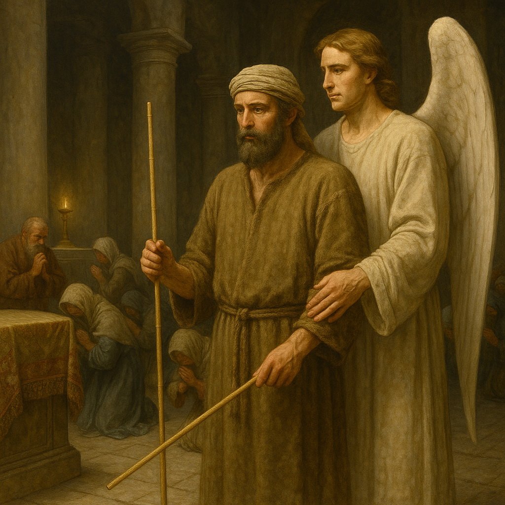 Egy angyal áll egy férfi mellett, aki mérőnádat tart egy ősi templomban, miközben a hívek térdelve imádkoznak az oltárnál.