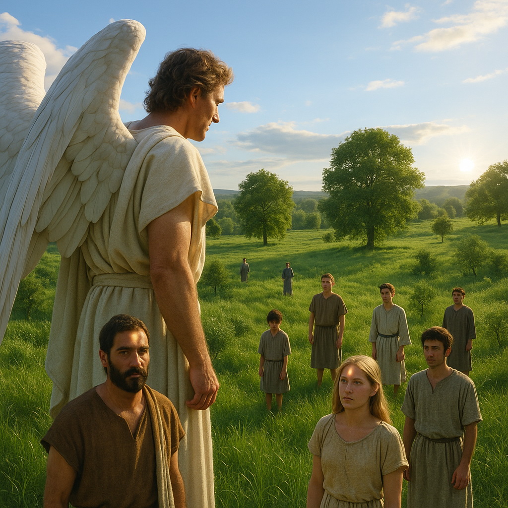 Fotórealisztikus angyal áll egy napfényes, zöld mezőn, körülötte ókori ruhás emberek, néhányuk homlokán fénylő pecsét, háttérben buja fák és kék ég.