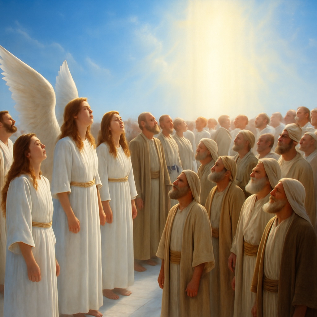 Élénk, fotórealisztikus jelenet: angyalok fehér ruhában, vének földszínű öltözetben állnak áhítattal a ragyogó kék ég alatt, fentről fény árad.