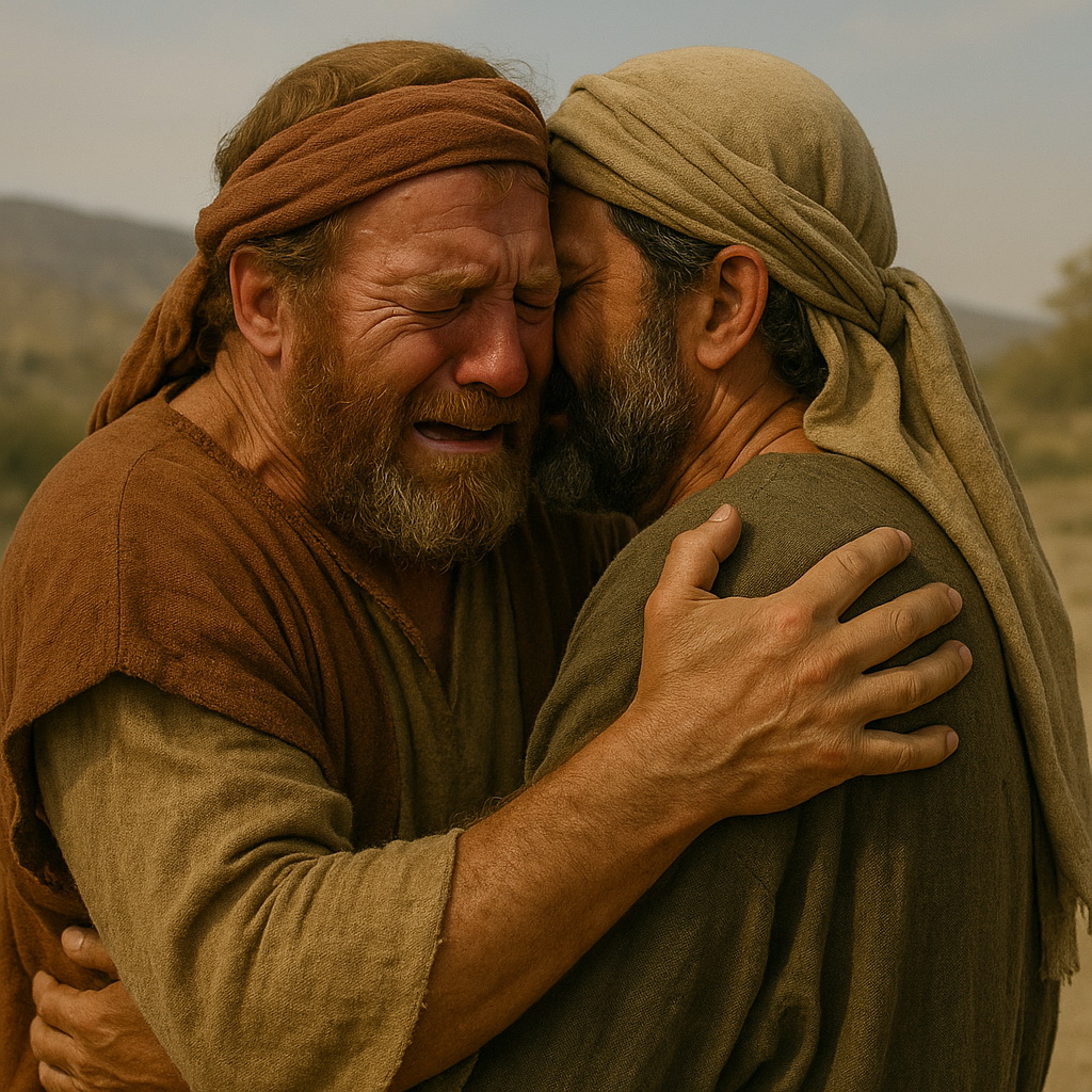 Két közel-keleti férfi könnyek között öleli meg egymást a sivatagos tájon, megrendült arccal és mély érzelemmel.