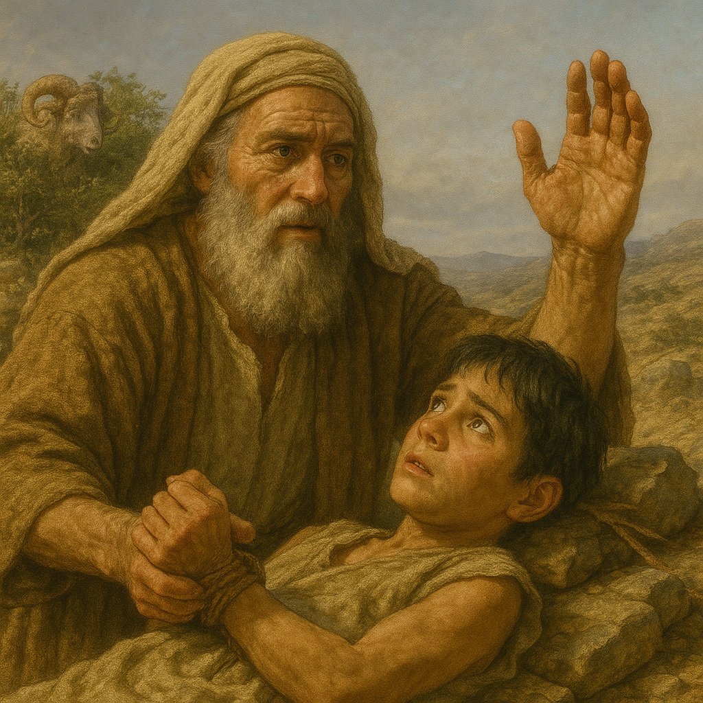 Egy idős férfi felemelt kézzel megáll egy megriadt fiú fölött egy kőoltáron, háttérben egy kos látható.
