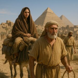 Ábrám vezeti családját és kíséretét Egyiptom felé a sivatagon át, a háttérben piramisokkal.