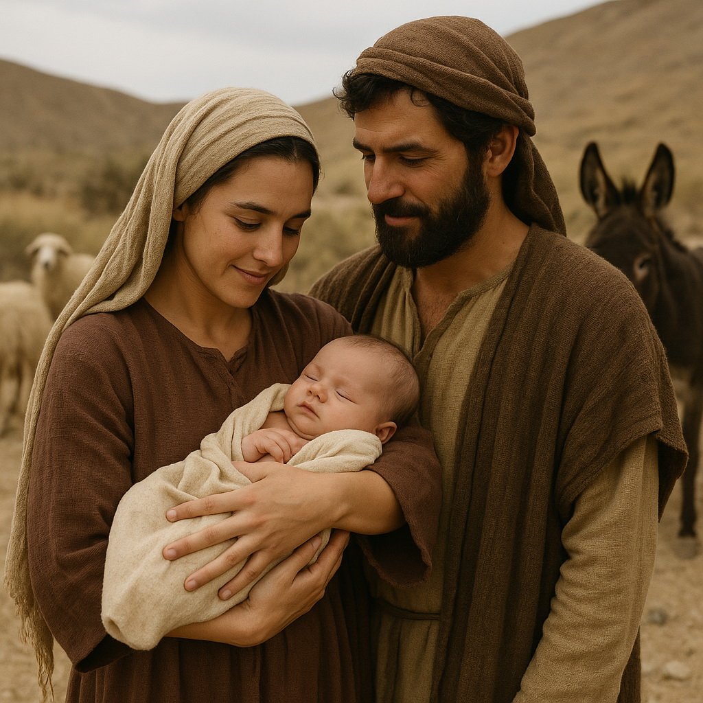 Biblia korabeli anya karjában tartja elsőszülött gyermekét, mellette áll az apa, háttérben juhokkal és szamárral.