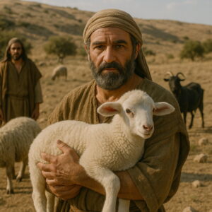Egy pásztor egyéves, hibátlan bárányt tart a karjaiban a mezőn, háttérben juhokkal és kecskékkel.