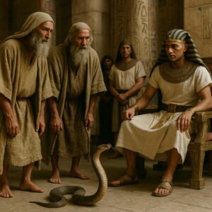 Mózes és Áron a fáraó előtt állnak, miközben Áron vesszeje kígyóvá változik az egyiptomi palotában.