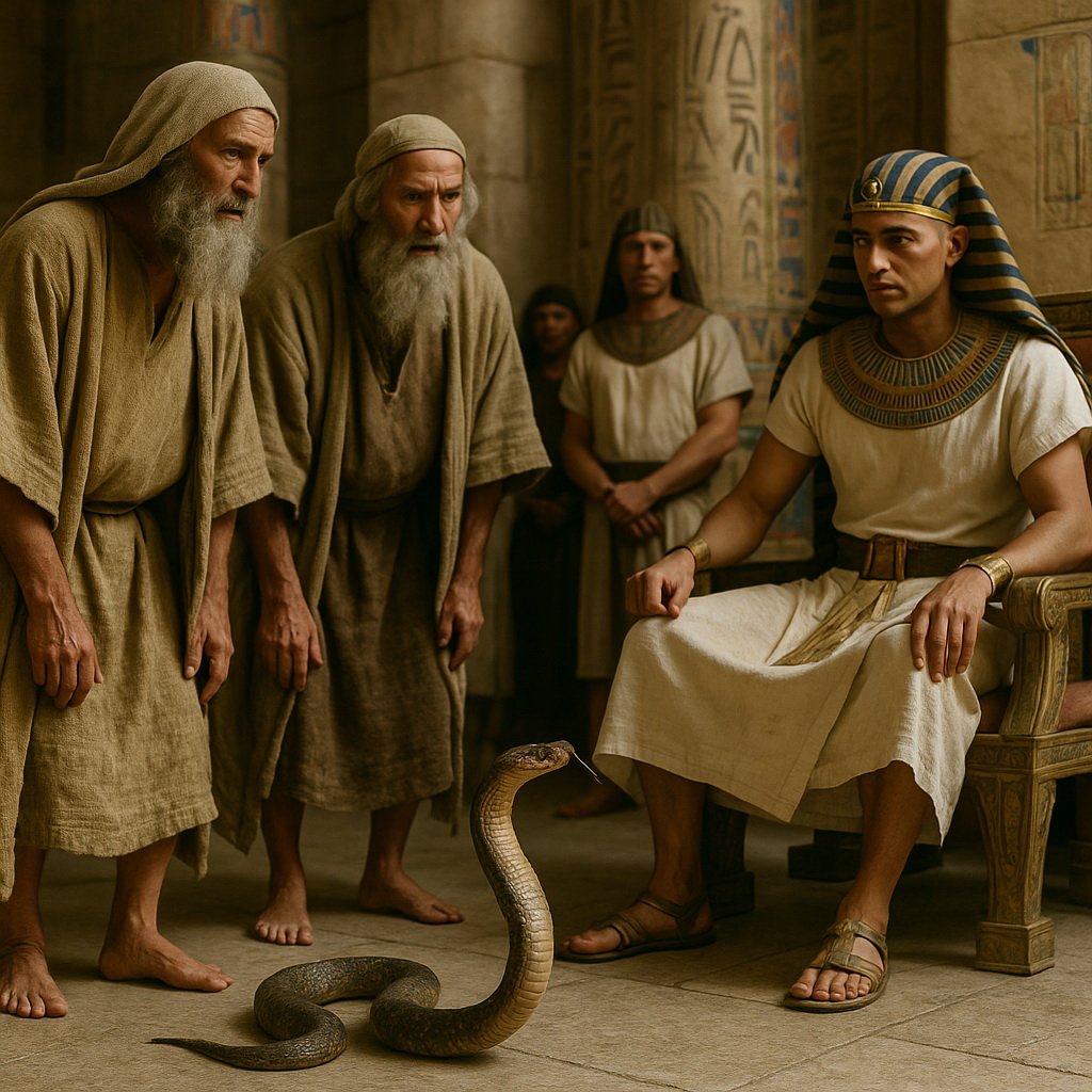Mózes és Áron a fáraó előtt állnak, miközben Áron vesszeje kígyóvá változik az egyiptomi palotában.