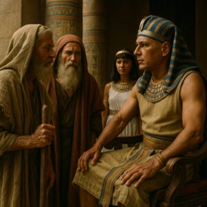 Mózes és Áron a fáraó előtt állnak az egyiptomi palotában, bibliai korhű öltözékben.