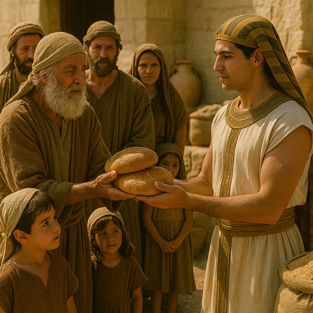Bibliai jelenet, ahol József egyiptomi főemberi ruhában kenyeret ad idős édesapjának, miközben testvérei és gyermekeik figyelik. A háttérben gabonazsákok és cserépedények láthatók.