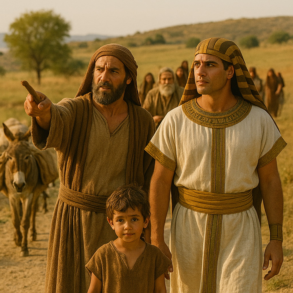 Bibliai jelenet, ahol Júda, egyszerű közel-keleti öltözetben, előre mutat az úton, miközben József egyiptomi főemberi ruhában mellette áll. A háttérben családtagok, szamarak és a vándorló karaván látható Gósen felé tartva.