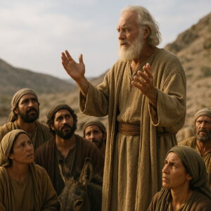 Mózes a pusztában áll, körülötte Izráel vénei figyelnek rá, miközben Isten Lelke megoszlik közöttük.