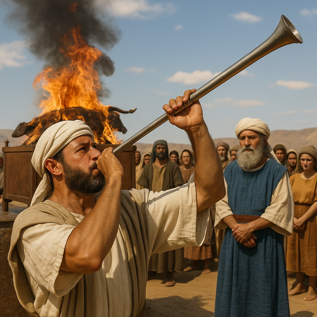 Egy férfi kürtöt fúj a pusztában égő oltár előtt, miközben a nép hálaáldozatot mutat be az Úrnak ünnepnapon.