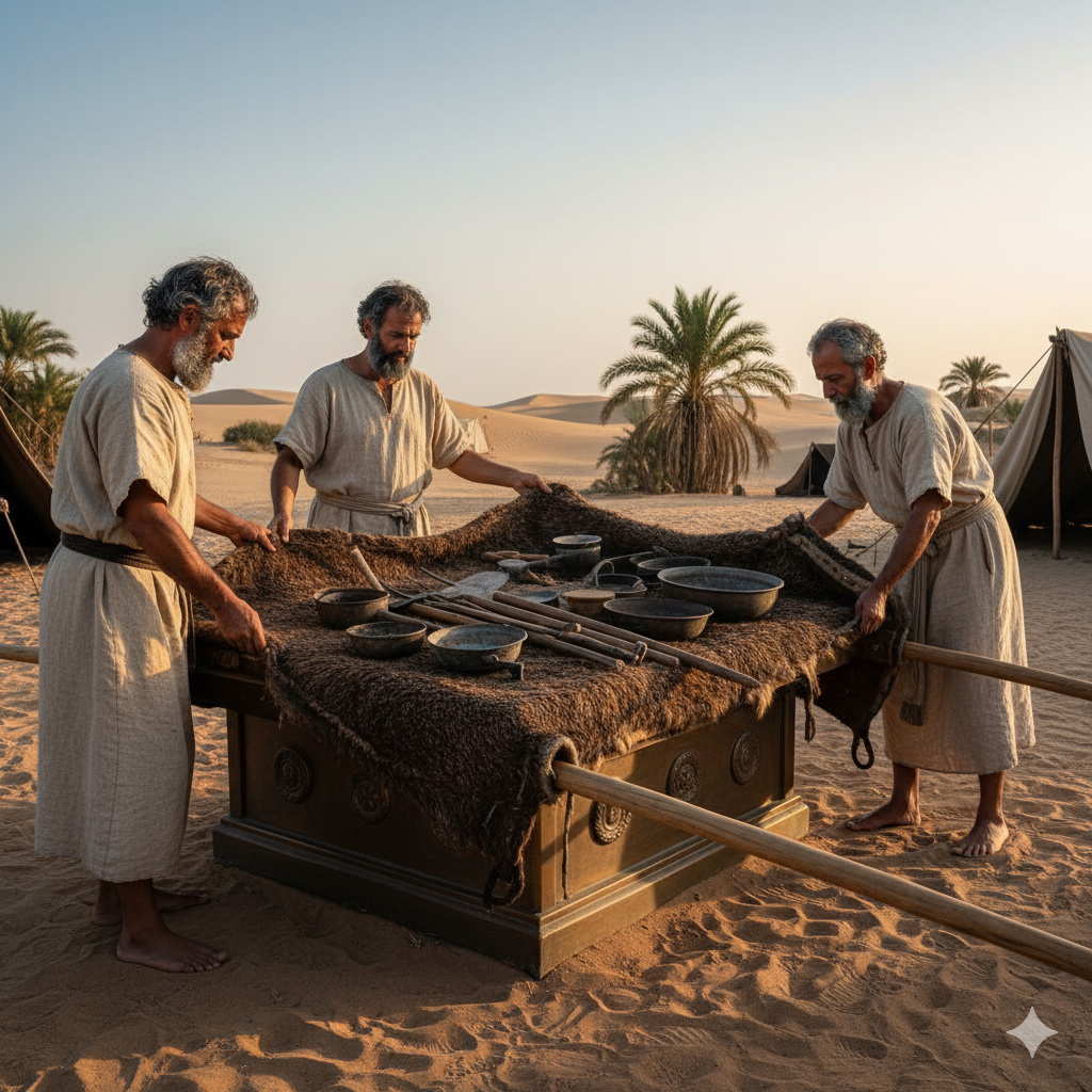 Három bibliai ruházatba öltözött férfi gondosan letakarja az oltár eszközeit egy borzbőr takaróval, amelyen a serpenyők, villák, lapátok és medencék láthatók a sivatagi környezetben, sátrakkal a háttérben.