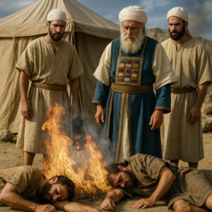 Áron és fiai nézik, amint Nádáb és Abihú idegen tűzzel áldozva elégnek a Sínai pusztájában.