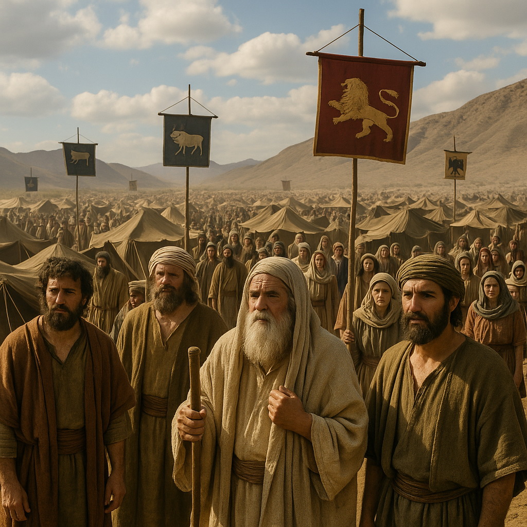 Izrael fiai a pusztában táboroznak zászlóik alatt, nemzetségeik szerint rendezve.