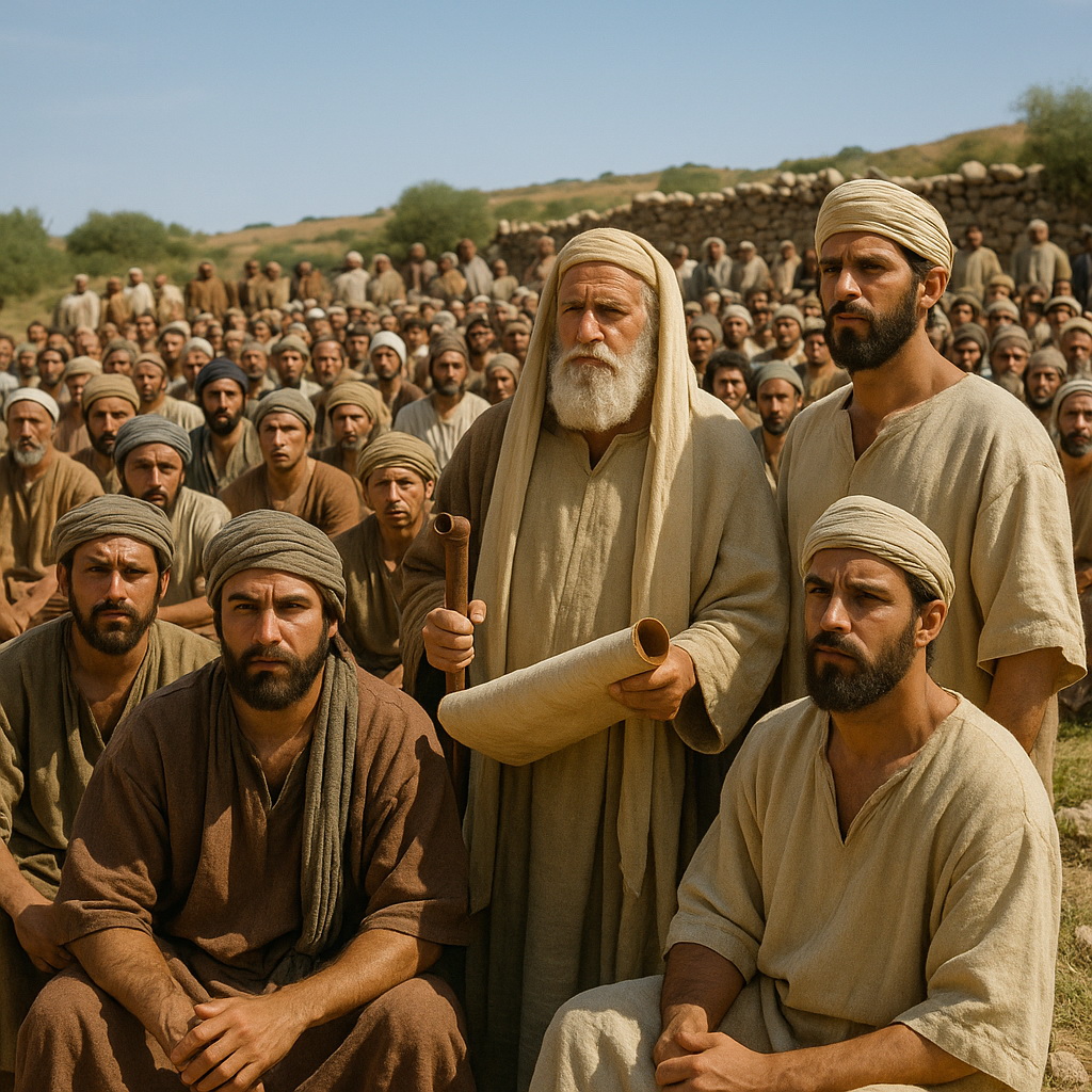 Izrael népe összegyűlik a pusztában, miközben Mózes és Áron összeírják a nemzetségeket egy pergamen tekercsre.