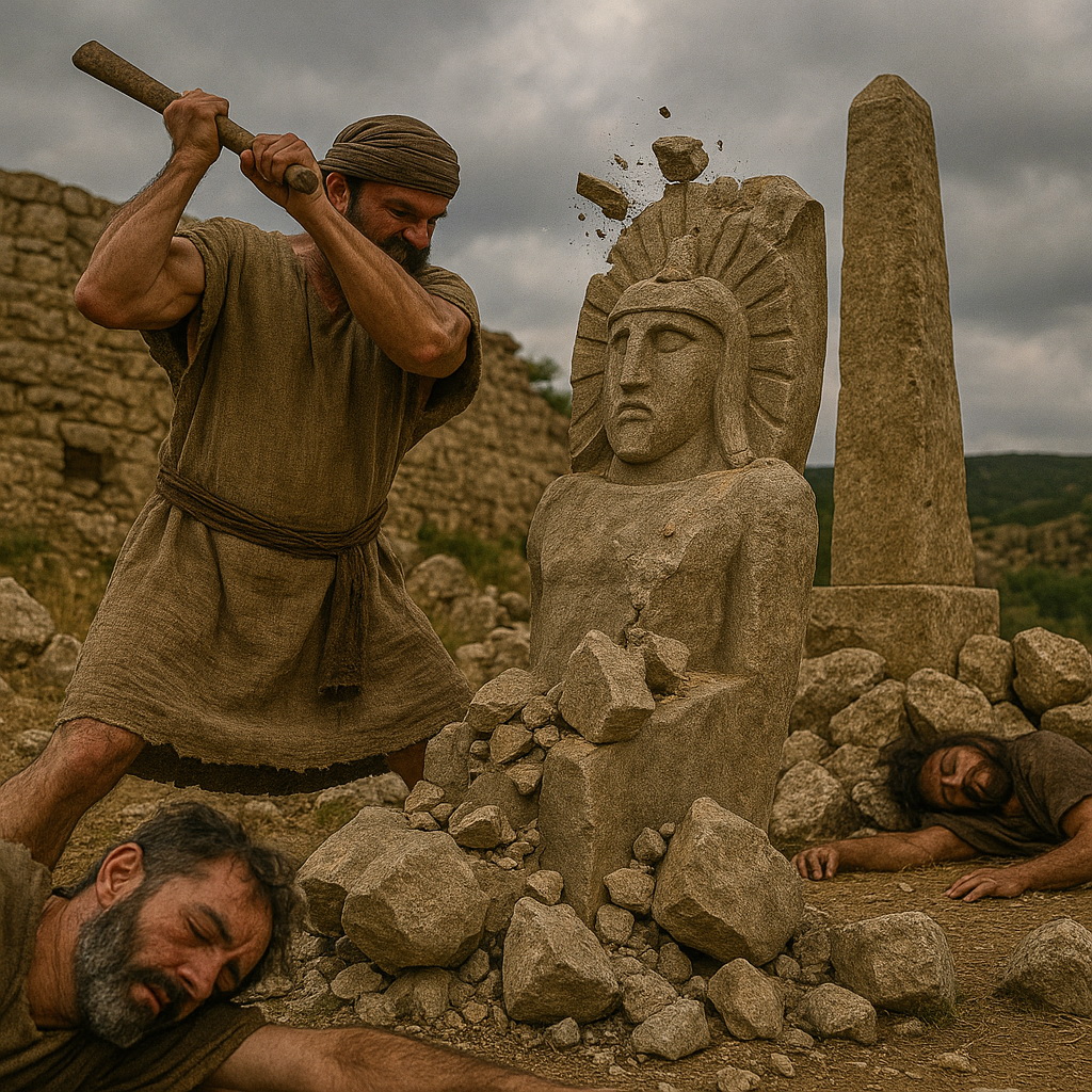 Egy izraelita férfi összezúzza a bálványt egy dombtetőn, miközben a romok és halott testek jelzik Isten ítéletét.