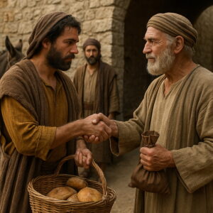 Két izraelita férfi kezet fog a piacon, tisztességes adásvételt kötve a Biblia korabeli környezetben.