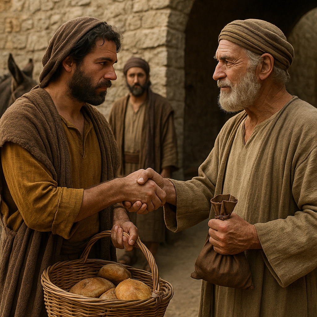 Két izraelita férfi kezet fog a piacon, tisztességes adásvételt kötve a Biblia korabeli környezetben.