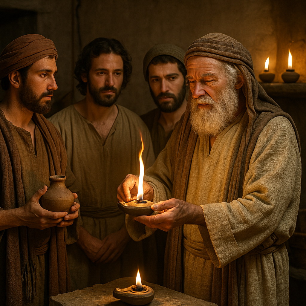 Izrael fiai tiszta olívaolajat hoznak a szent lámpásokhoz, miközben egy idős férfi meggyújtja a mécsest a fiatalok jelenlétében.