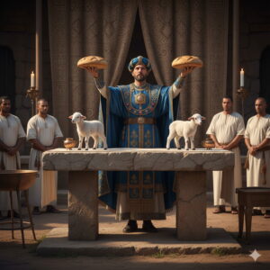 Egy ókori izraelita pap ceremoniális ruhában lóbálási áldozatot mutat be, két kenyeret tartva, két báránnyal az oltáron.