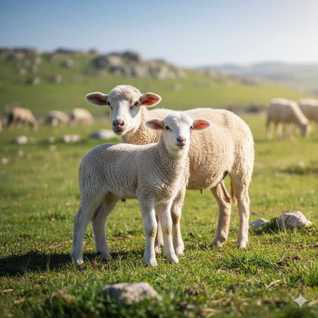 Egy anyajuh áll védelmezően a fiatal báránya mellett egy napfényes, zöld legelőn, más juhokkal a háttérben.