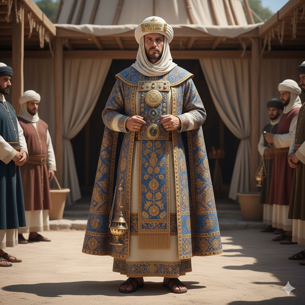 Egy ókori izraelita főpap áll teljes ceremoniális öltözékében, turbánnal és díszes ruhákkal, a szentély udvarában.