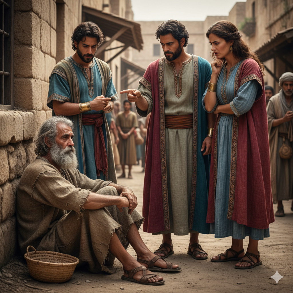 Egy szegény, idős férfi ül a földön, miközben jól öltözött, jómódú ókori izraeliták csoportja figyeli, akik megítélőnek tűnnek.