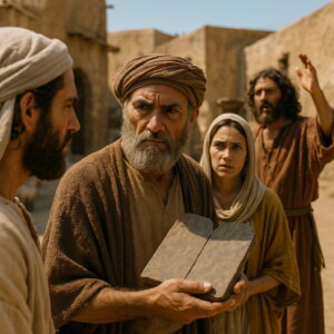 Idős férfi kőtáblával figyelmeztetően szól másokhoz egy bibliai faluban, mögötte egy hangosan érvelő férfi és egy aggodalmas asszony.