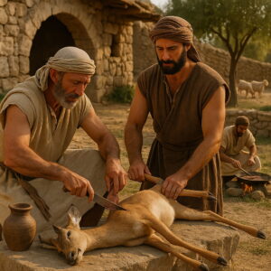 A hús élvezete az Úr áldásából | | Jézus Krisztus a mi megváltónk Bibliai falusi környezetben férfiak egy elejtett szarvast bontanak elkészítésre, háttérben juhokkal és tűzrakóhellyel.
