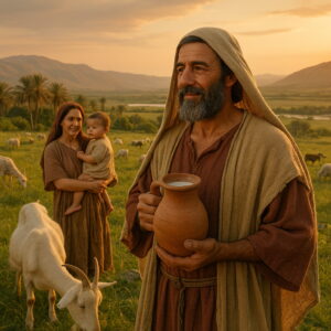 Bibliai ruházatú család kecskékkel tejjel teli földön, háttérben pálmák és termékeny táj.