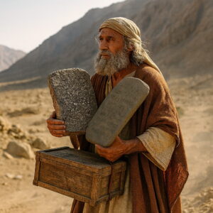 Mózes két, egyforma méretű kőtáblát tart kezében a sivatagi hegyvidéken, mellette fából készült láda.