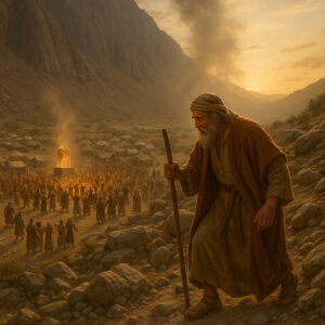 Mózes hegyoldalon ereszkedik lefelé, miközben Izrael népe lent a táborban a bálványként készített aranyborjút imádja.