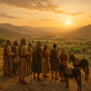 Izrael népe a honfoglalás határán, pásztorruhában a Kánaán felé tekint, naplementében, bibliai környezetben.