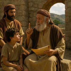 Idős férfi tanítja fiát és unokáját egy kőépület romjai között, pergament tartva a kezében.