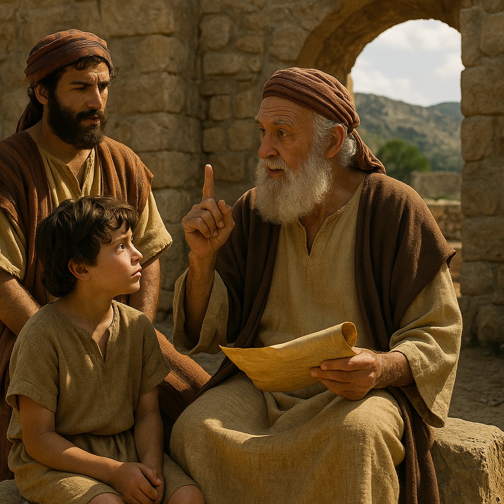 Idős férfi tanítja fiát és unokáját egy kőépület romjai között, pergament tartva a kezében.