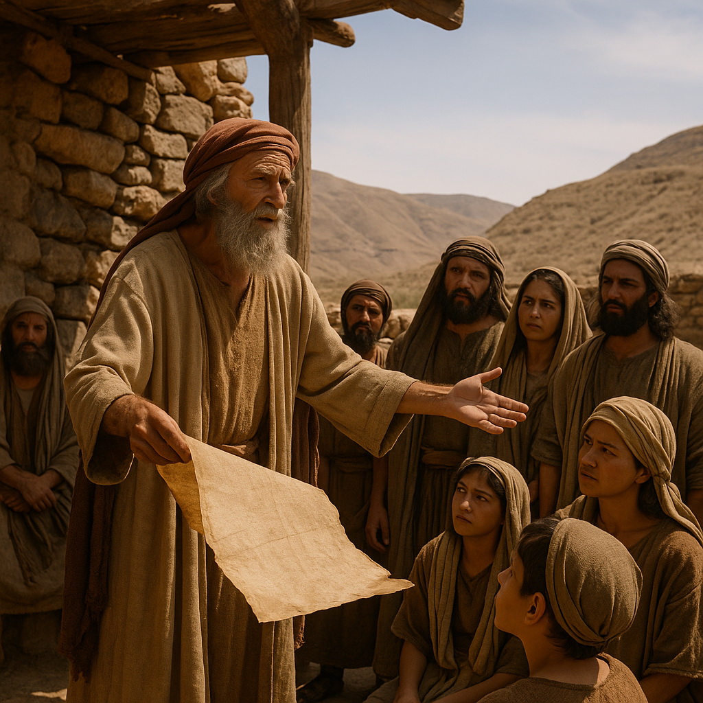 Mózes ősi pergament tartva tanítja Izráel népét egy kőépület előtt, miközben a nép figyelmesen hallgatja.