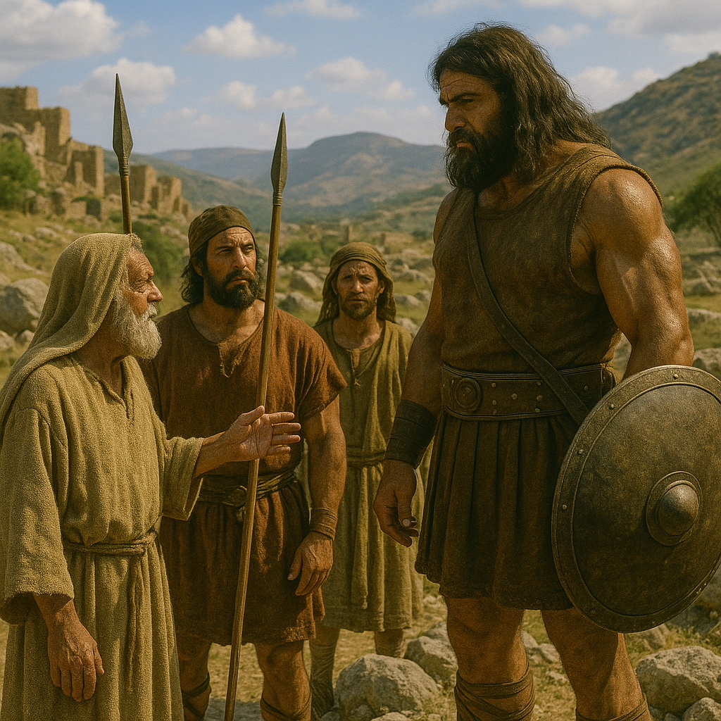 Izráel vezetője a Básán földjén álló óriással beszél, miközben harcosok figyelik őket a hegyek között.