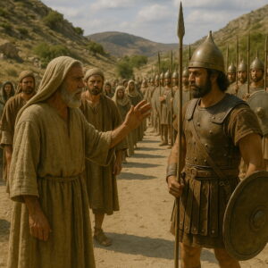 Izráel népének vezetője békésen figyelmeztet egy ammonita harcost, miközben két nép seregei szemben állnak egymással a pusztai völgyben.