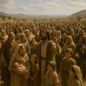 Nagyszámú izraeli gyülekezet a pusztában, ahol egy férfi áldást mond a népre, bibliai korhű környezetben.