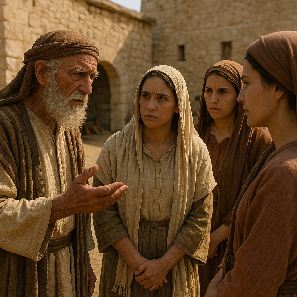 Idős férfi komolyan beszél néhány izráeli asszonnyal egy ókori kőépület előtt.