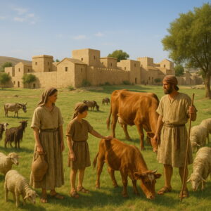 Izráeli család állataival a városon kívüli legelőn, háttérben kőfalas településsel.