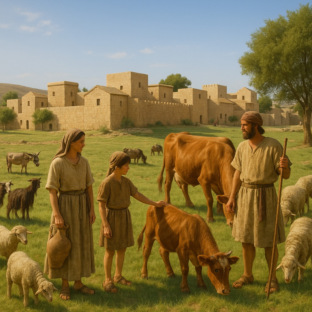 Izráeli család állataival a városon kívüli legelőn, háttérben kőfalas településsel.