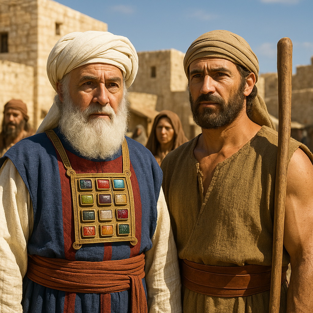 Eleázár főpap és Józsué együtt állnak egy ókori izráeli településen, a föld felosztásáról tanácskozva.